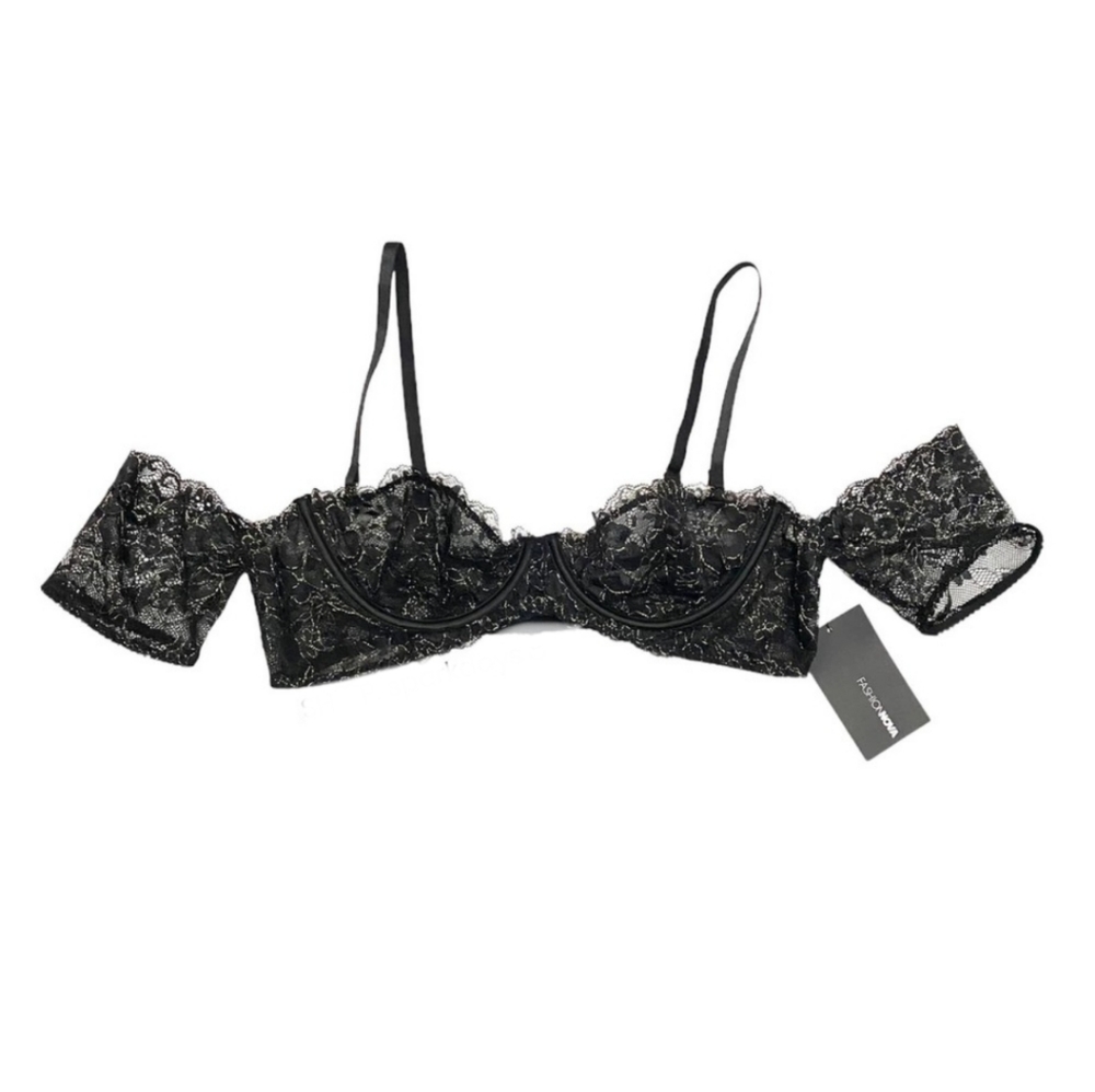 Fashion Nova Black with Gold Lace Trim Bra/Top Off Shoulder Lace | M